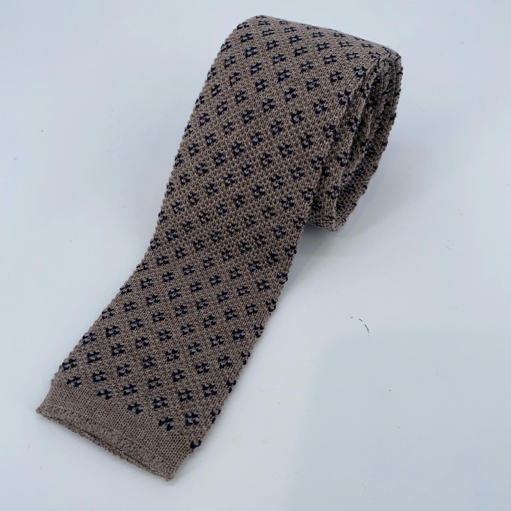 Eton Tie Mens Brown Navy Skinny Knit 100% Wool Textured Pattern Necktie Dress